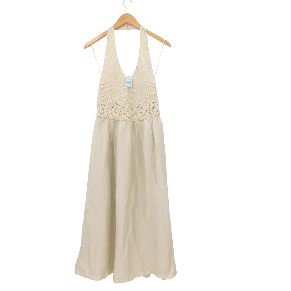 LOFT Crochet Halter Midi Dress Polished Stone Beige 6P Petite NWT 38812910 - Picture 2 of 9
